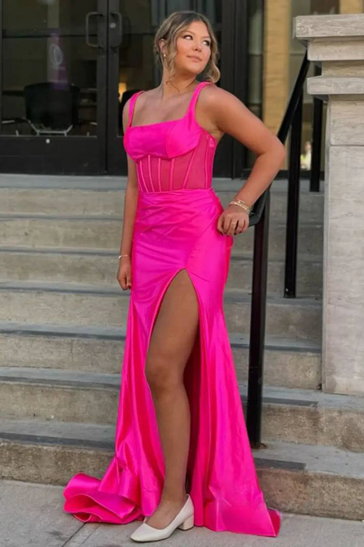 Hot Pink Square Sleeveless Mermaid Party Prom Dress