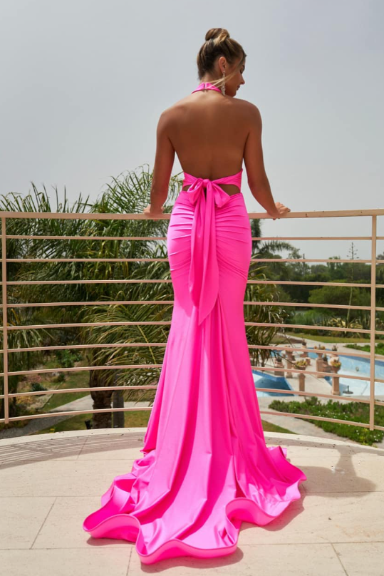 Hot Pink V-Neck Halter Backless Mermaid Party Prom Dress