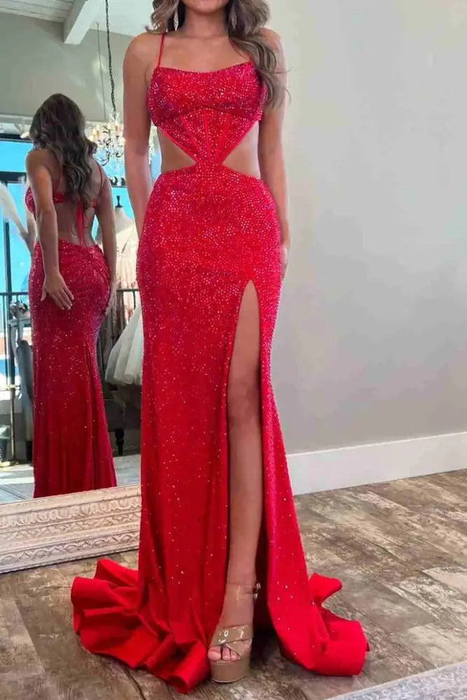 Illusion Empire Bateau Strapless With Side Slit Prom Dress