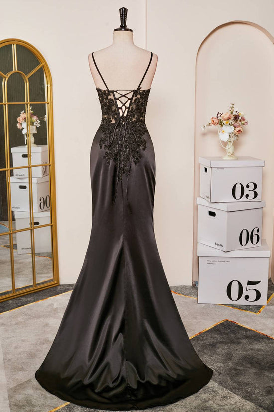 V-Neck Black Appliques Criss Cross Back Mermaid Dress