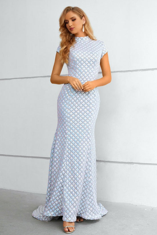 Iridescent White Mock Neck Mermaid Long Prom Dress