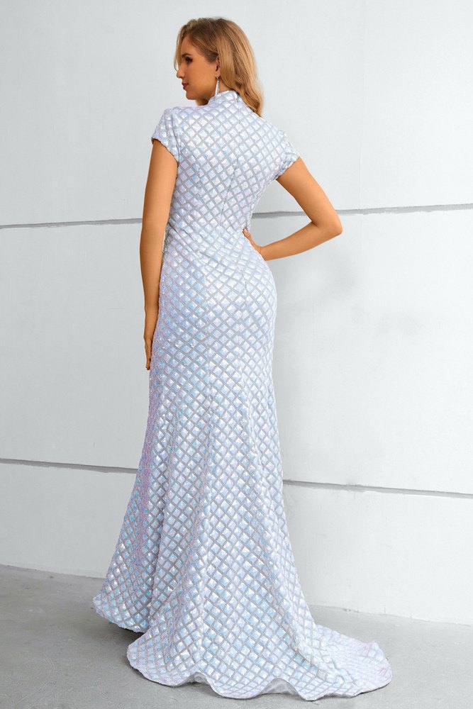 Iridescent White Mock Neck Mermaid Long Prom Dress – Movousdress Iridescent White Mock Neck Mermaid Long Prom Dress – Movousdress