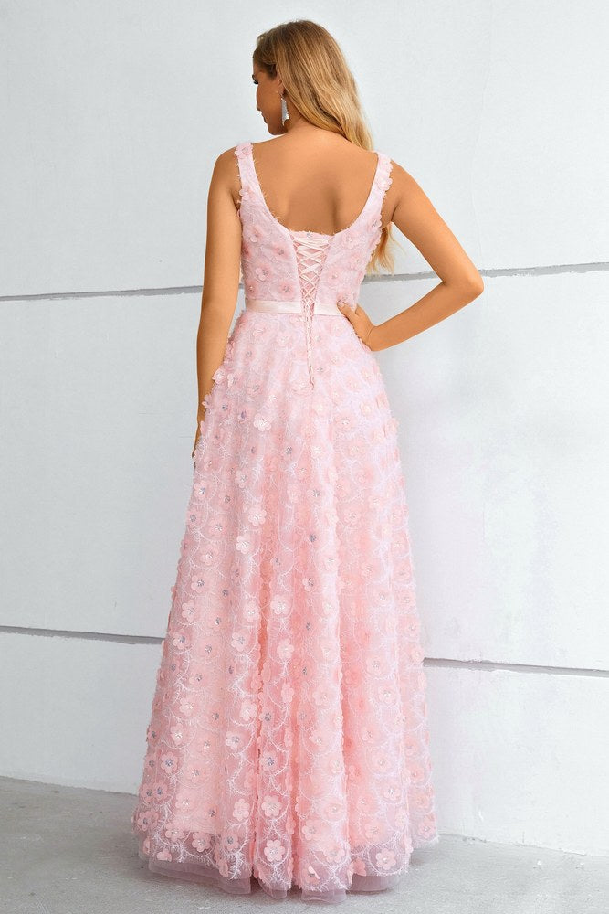 Light Pink Square-Neck 3D Floral A-line Long Prom Dress