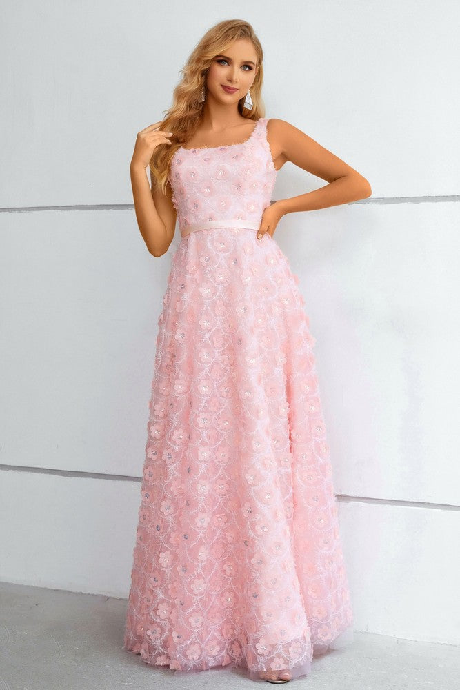 Light Pink Square-Neck 3D Floral A-line Long Prom Dress