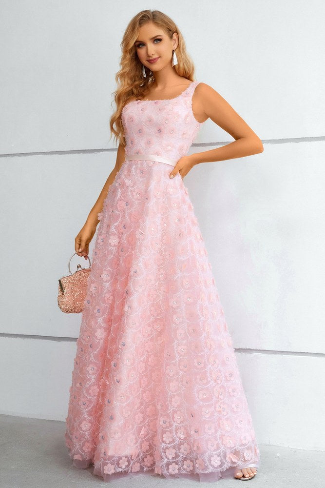 Light Pink Square-Neck 3D Floral A-line Long Prom Dress