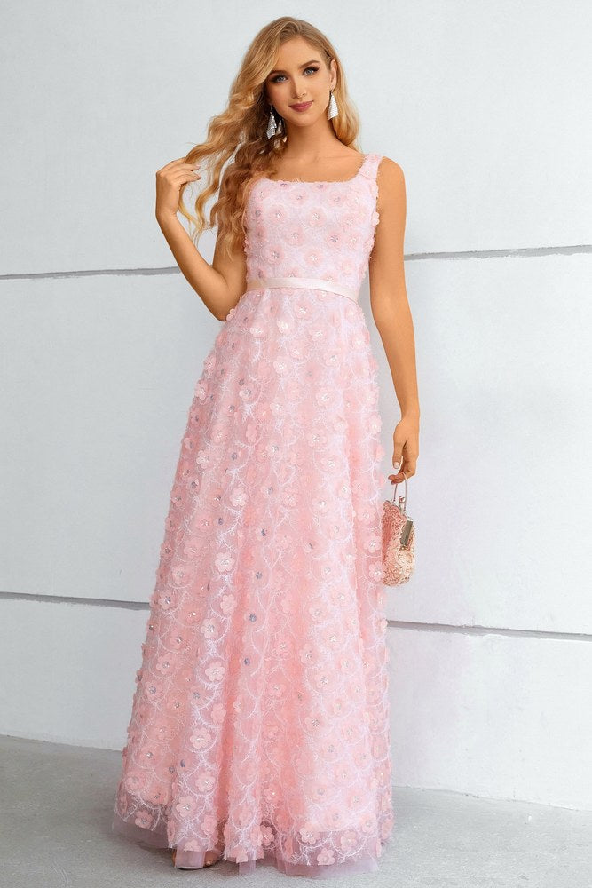 Light Pink Square-Neck 3D Floral A-line Long Prom Dress