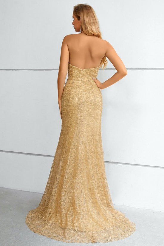 Gold Halter Sleeveless Lace Mermaid Long Prom Dress