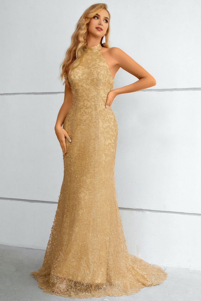 Gold Halter Sleeveless Lace Mermaid Long Prom Dress