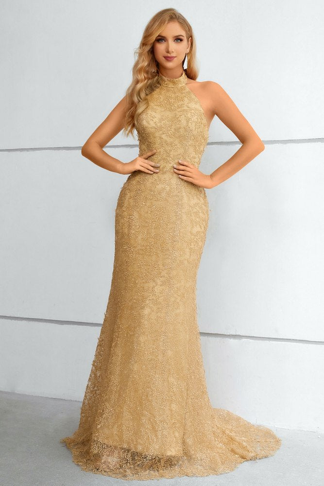 Gold Halter Sleeveless Lace Mermaid Long Prom Dress