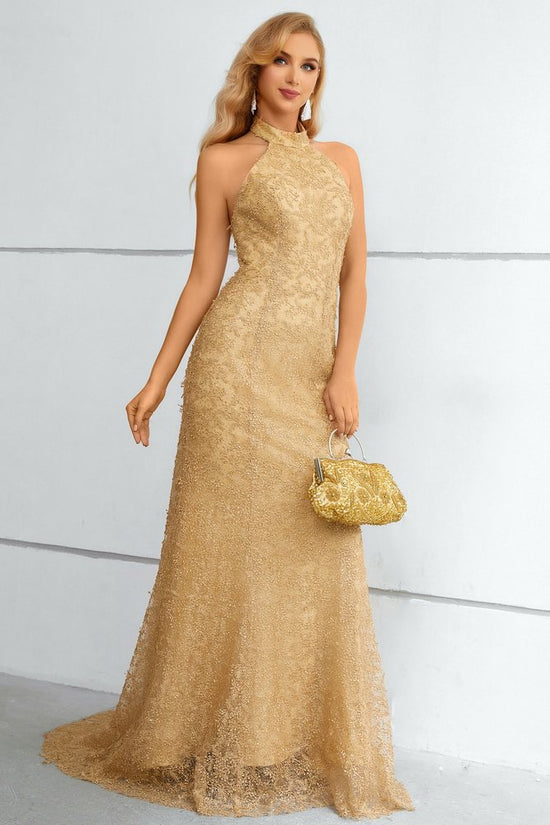 Gold Halter Sleeveless Lace Mermaid Long Prom Dress