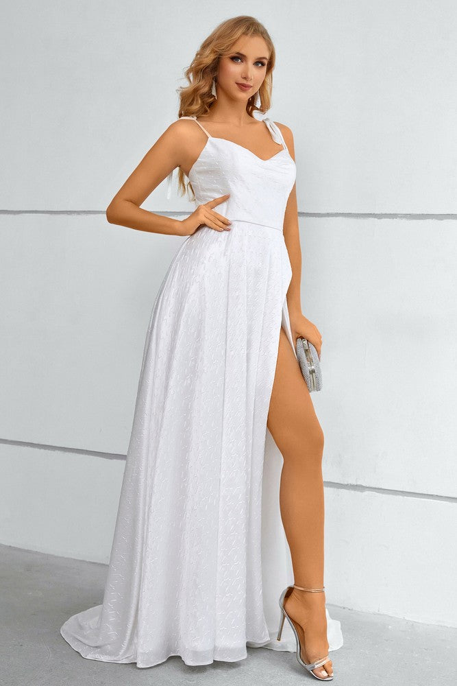 White Bow Tie Straps A-Line Prom Dress with High Slit