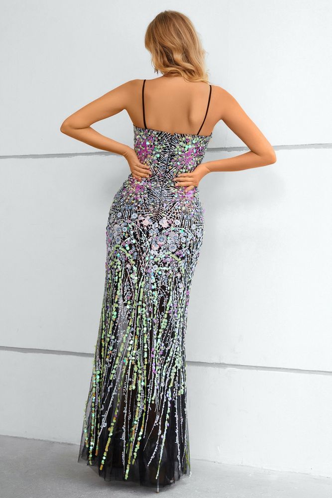 Black Straps Colourful Sequins Prom Dress with Slit