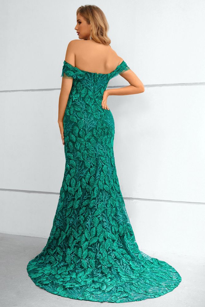 Hunter Green Off the Shoulder Lace Mermaid Long Prom Dress