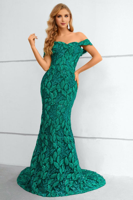 Hunter Green Off the Shoulder Lace Mermaid Long Prom Dress