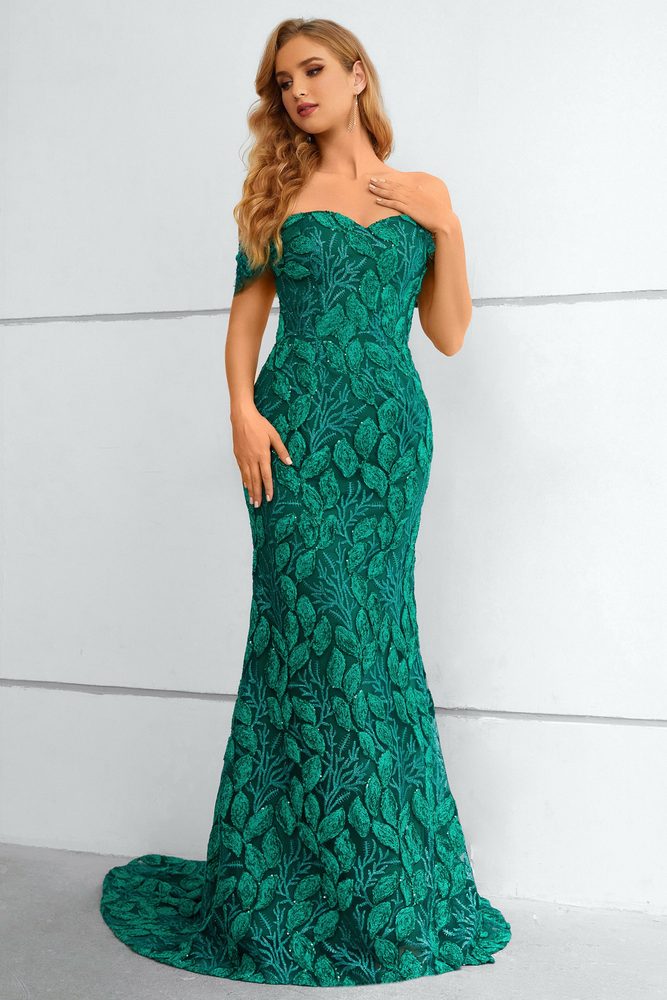 Hunter Green Off the Shoulder Lace Mermaid Long Prom Dress