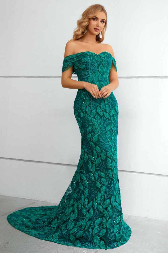 Hunter Green Off the Shoulder Lace Mermaid Long Prom Dress