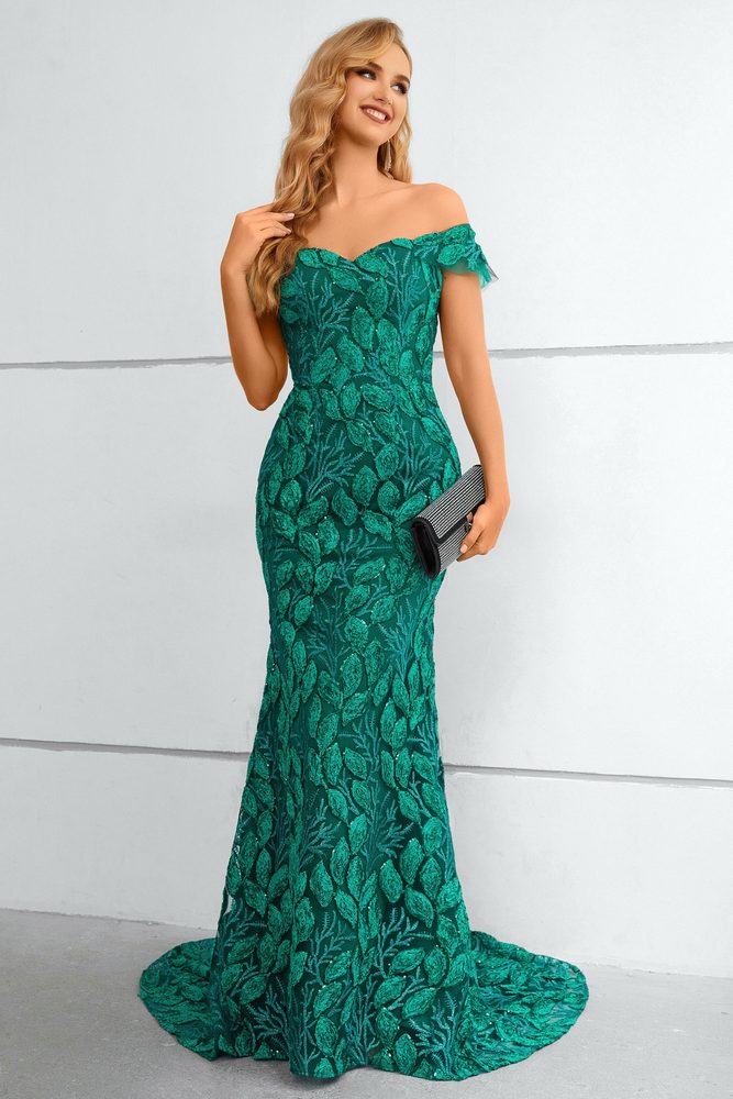 Hunter Green Off the Shoulder Lace Mermaid Long Prom Dress