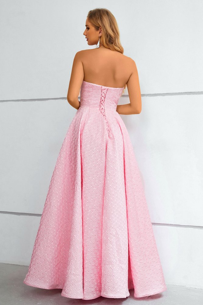 Light Pink Strapless Jacquard  A-Line Long Prom Dress