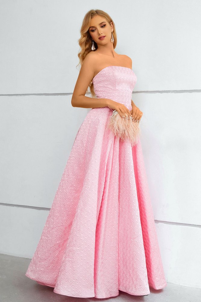 Light Pink Strapless Jacquard  A-Line Long Prom Dress