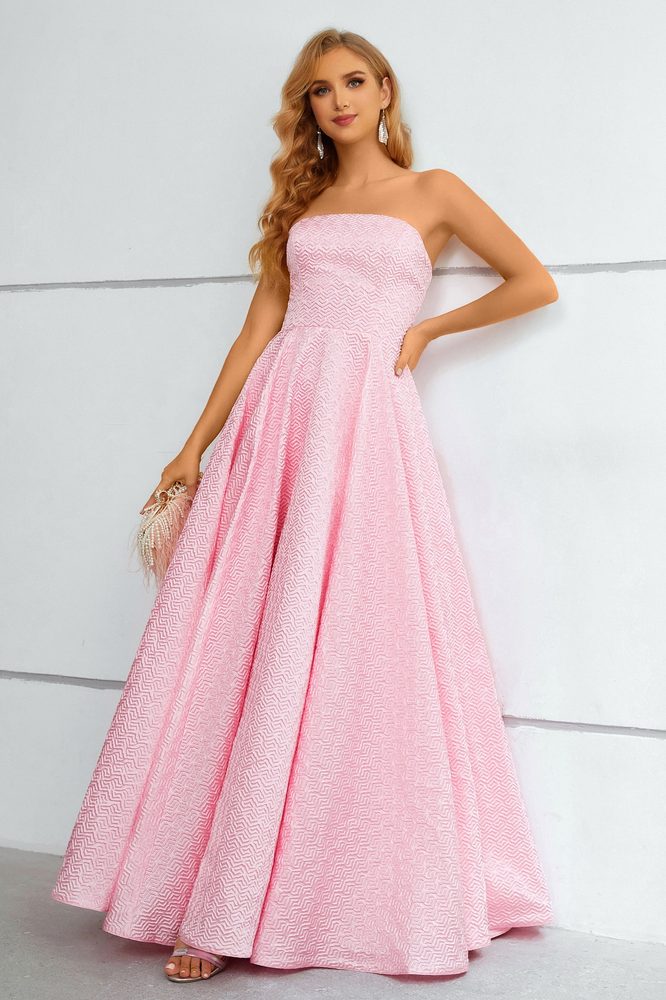 Light Pink Strapless Jacquard  A-Line Long Prom Dress