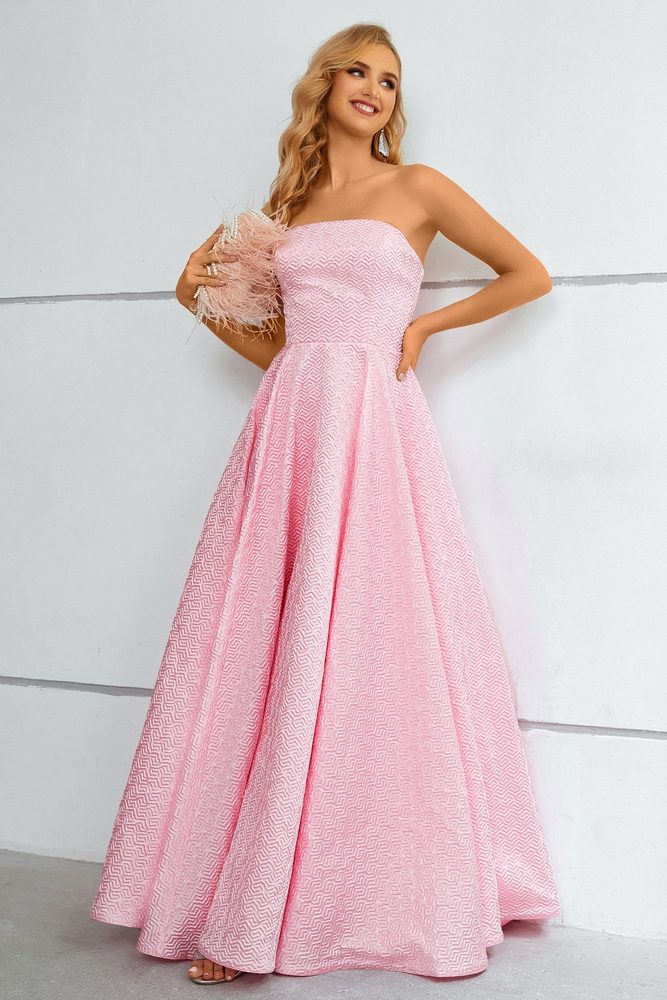 Light Pink Strapless Jacquard  A-Line Long Prom Dress