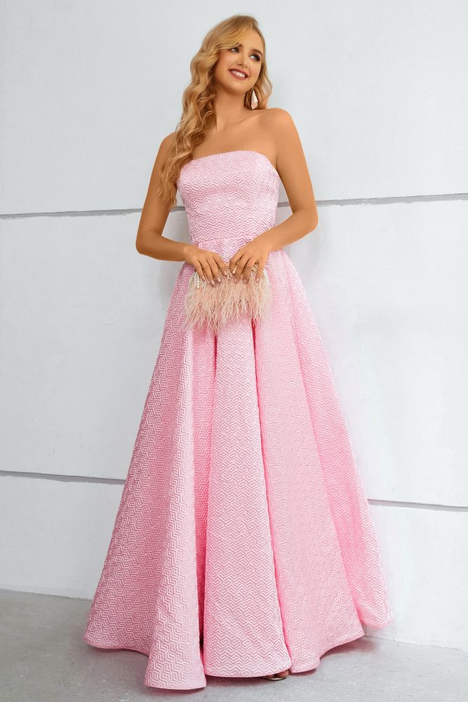 Light Pink Strapless Jacquard  A-Line Long Prom Dress