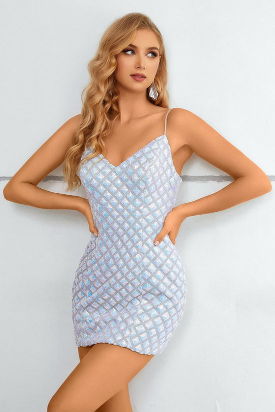 Iridescent White Straps V-Neck Short Homecoming Dress