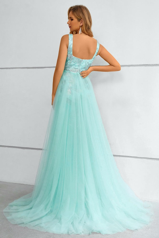 Mint Green Square-Neck Mermaid Prom Dress with Detachable Train