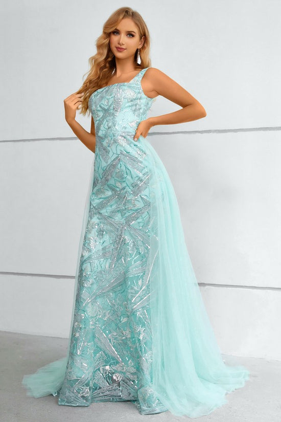 Mint Green Square-Neck Mermaid Prom Dress with Detachable Train