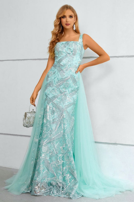 Mint Green Square-Neck Mermaid Prom Dress with Detachable Train