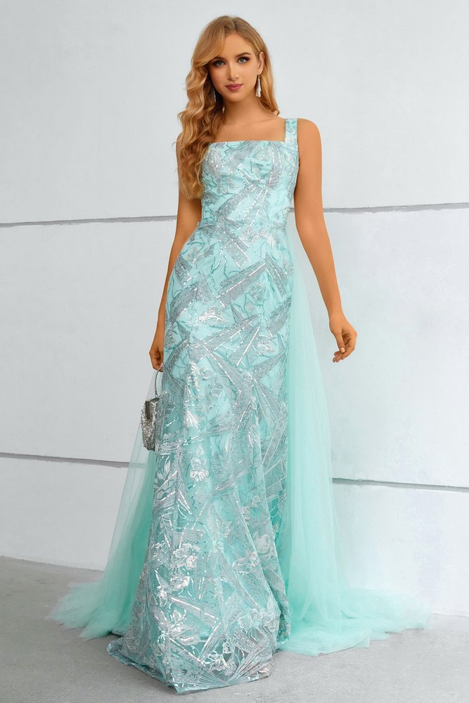 Mint Green Square-Neck Mermaid Prom Dress with Detachable Train