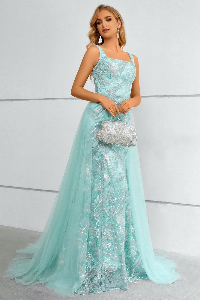 Mint Green Square-Neck Mermaid Prom Dress with Detachable Train