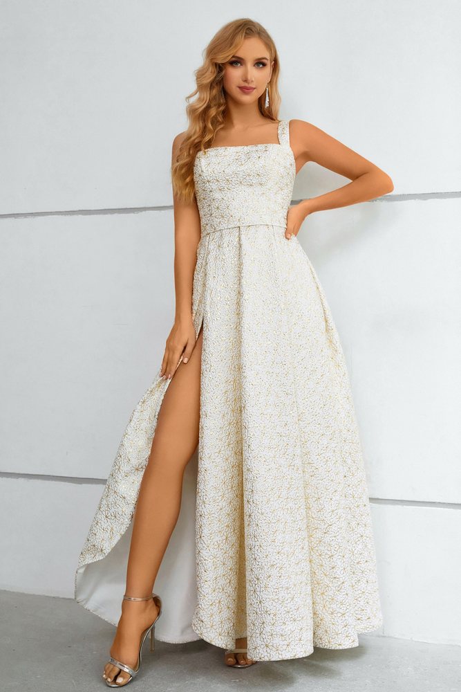 Ivory Square-Neck Jacquard  A-Line Long Prom Dress with Slit