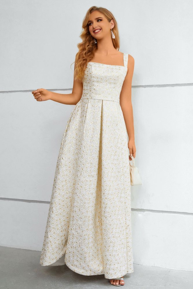 Ivory Square-Neck Jacquard A-Line Long Prom Dress with Slit Movousdress Ivory Square-Neck Jacquard A-Line Long Prom Dress with Slit Movousdress