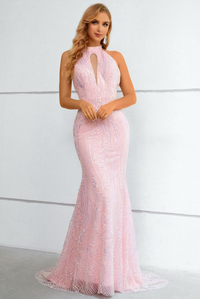 Light Pink Halter Lace Beaded Mermaid Long Prom Dress