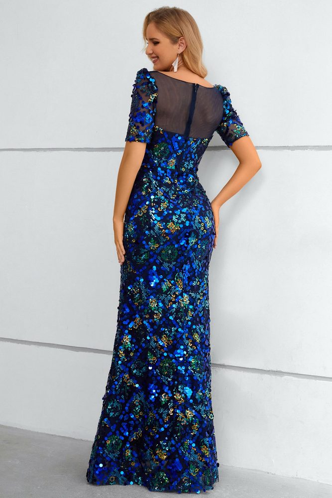 Blue Sequins Short Sleeve Long Evening Dress with Sheer Mesh