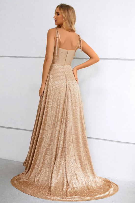 Khaki Bow Tie Straps A-Line Long Prom Dress with Slit