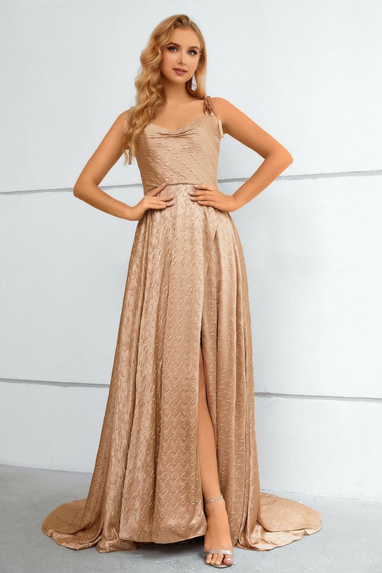 Khaki Bow Tie Straps A-Line Long Prom Dress with Slit