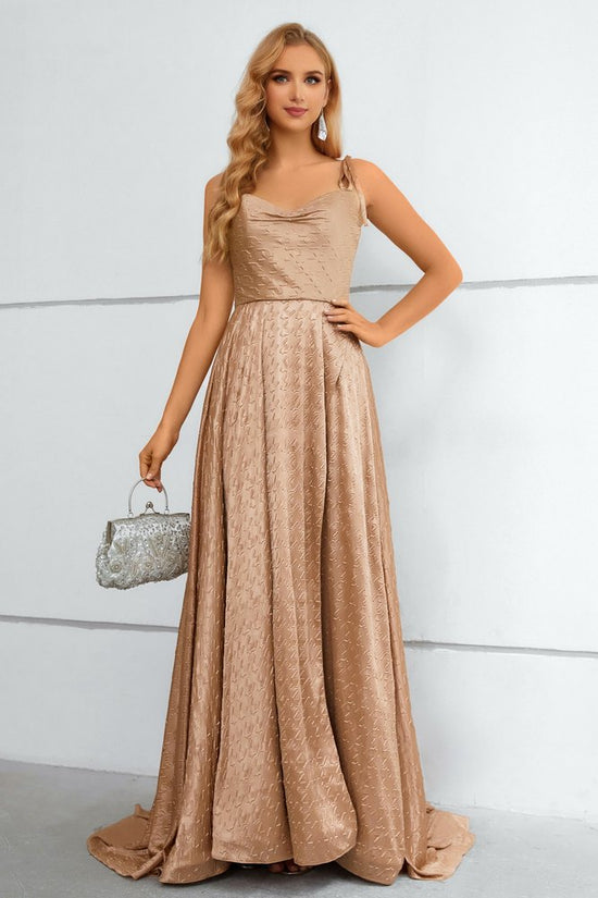 Khaki Bow Tie Straps A-Line Long Prom Dress with Slit