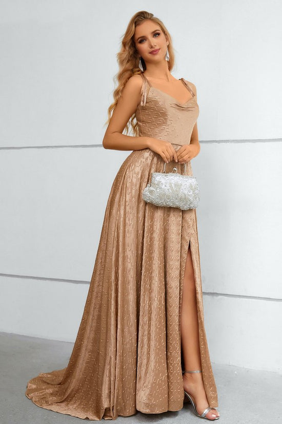 Khaki Bow Tie Straps A-Line Long Prom Dress with Slit