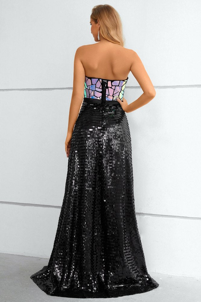 Black Strapless Cut Mirror Sequined Top Long Prom Dress