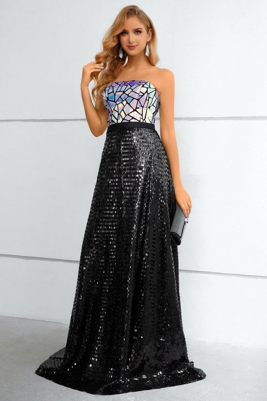 Black Strapless Cut Mirror Sequined Top Long Prom Dress