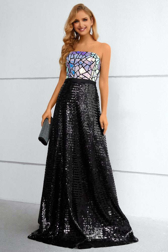 Black Strapless Cut Mirror Sequined Top Long Prom Dress