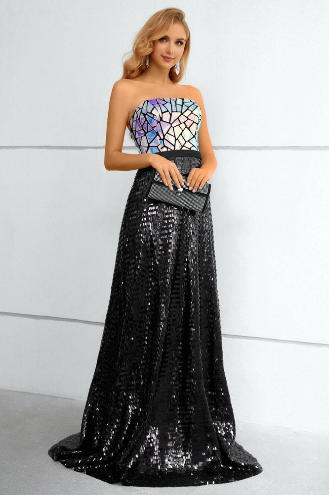 Black Strapless Cut Mirror Sequined Top Long Prom Dress