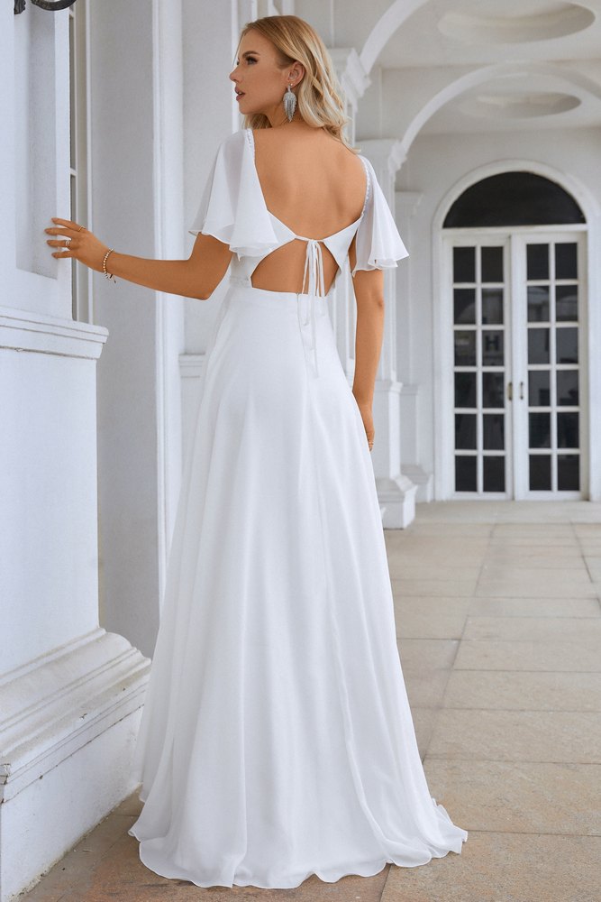 White Flutter Sleeves A-line Long Evening Dress with Slit