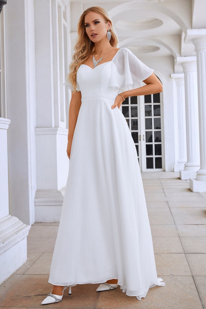 White Flutter Sleeves A-line Long Evening Dress with Slit