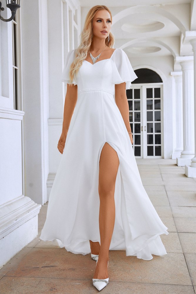 White Flutter Sleeves A-line Long Evening Dress with Slit