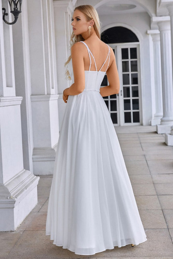 White Straps V-Neck A-Line Ruffle Long Evening Dress