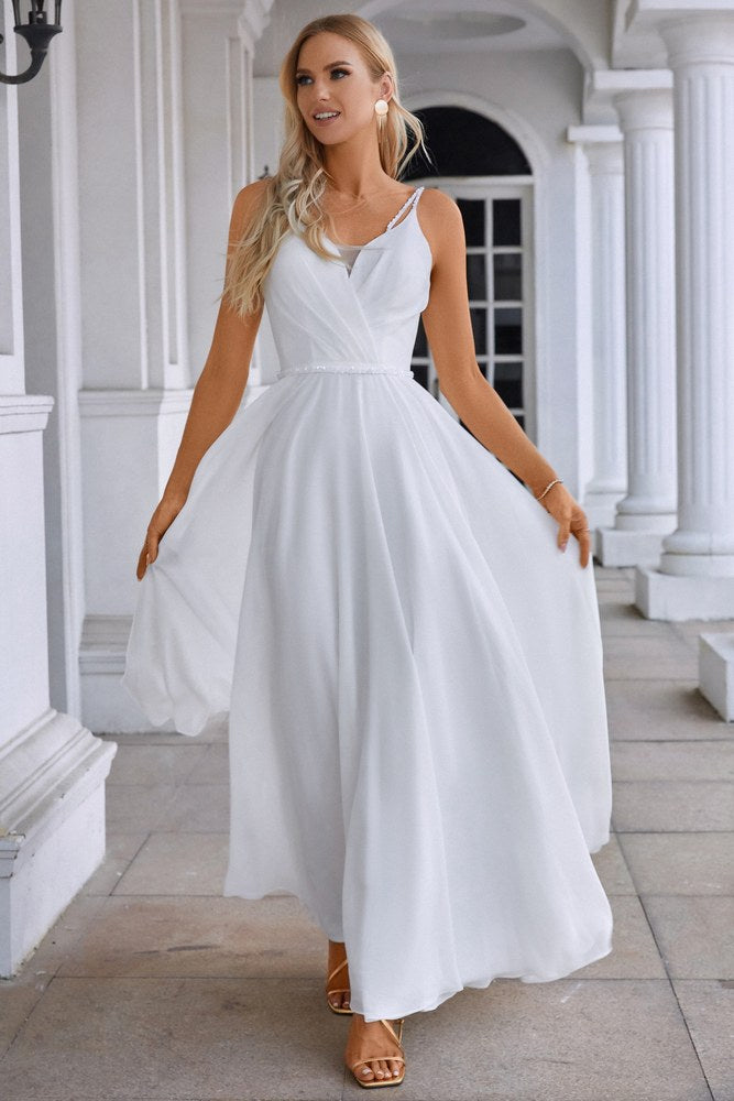 White Straps V-Neck A-Line Ruffle Long Evening Dress