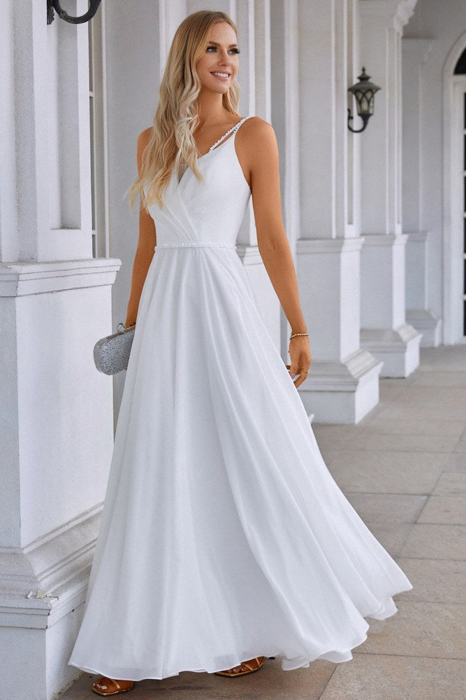 White Straps V-Neck A-Line Ruffle Long Evening Dress